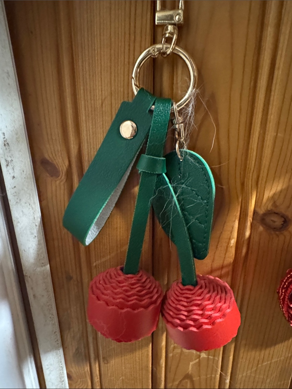 Green and Red Leather Cherry Keychain - Women Accessories